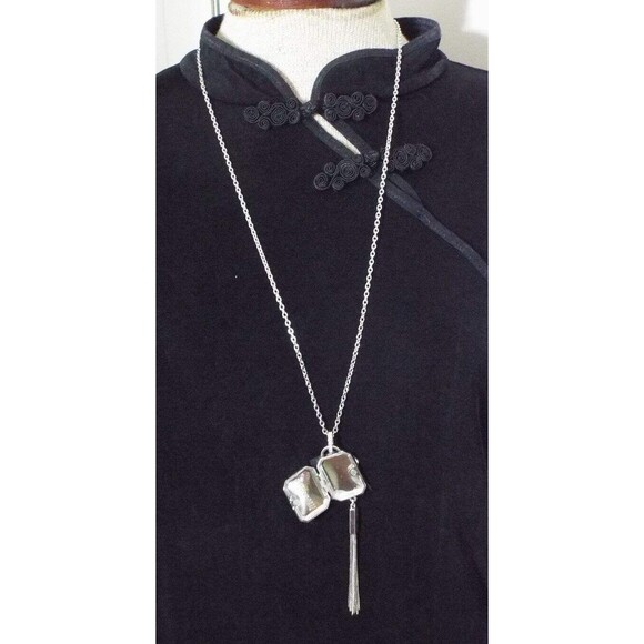 Chico's Silvertone Miracles Locket Crystal Jeweled Long 32" Rolo Chain Necklace - Picture 9 of 13